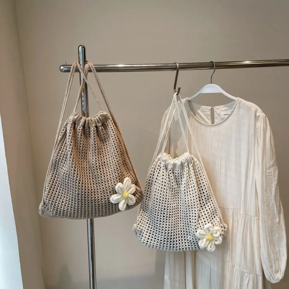 

Solid Color Knitting Shoulder Bag Large Capacity Hollow Out Bohemian Crochet Backpack Lazy Style Versatile