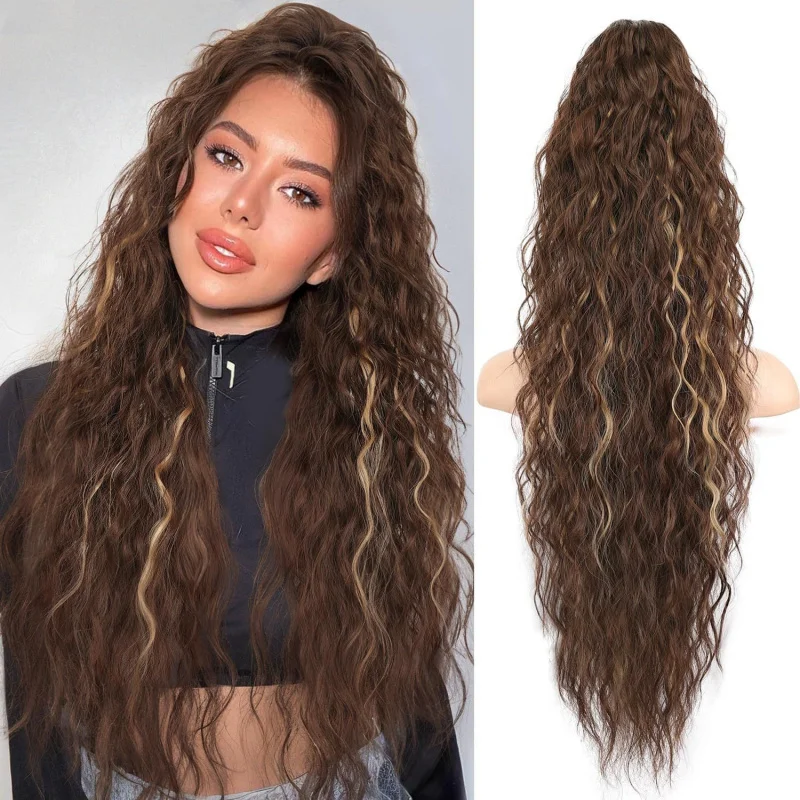 European and American style women's wig with wavy long curly , fluffy corn perm, claw clip ponytail hair extension