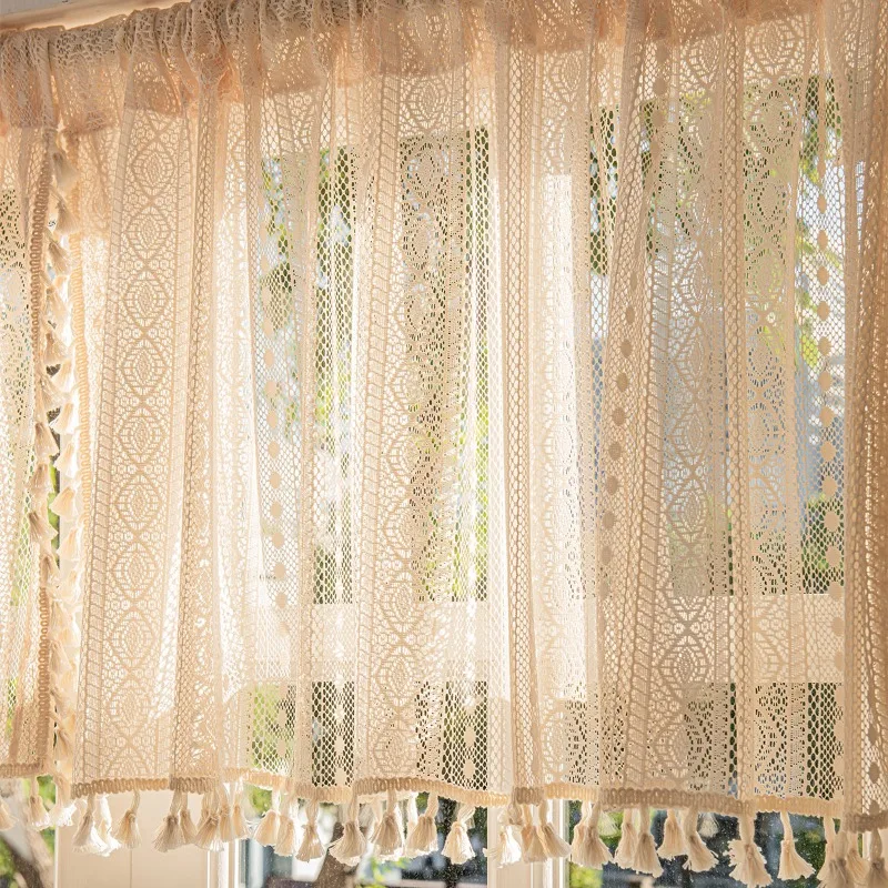 Bohemian style sunshade curtain with tassels  Lace Short Curtain Breathable and Living Room Bedroom Kitchen Cabinet Cover Curtai