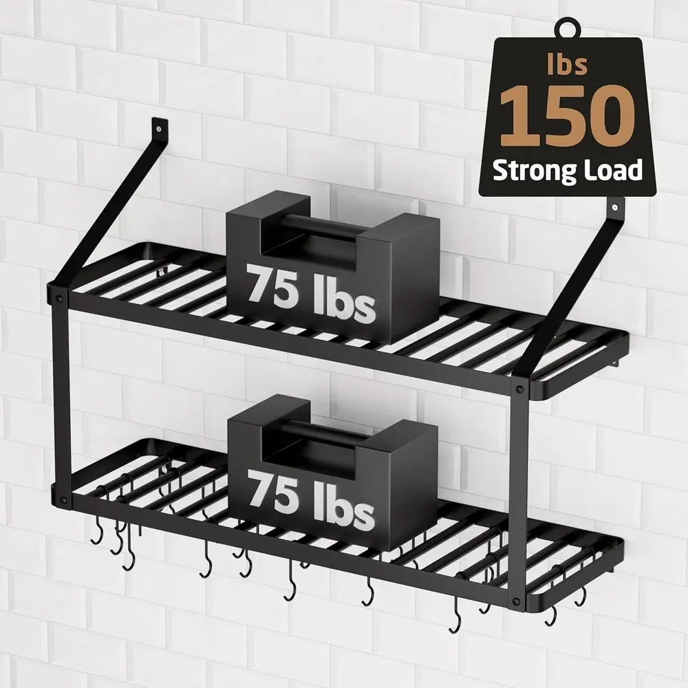 34 Wall-Mounted Pot Rack with 20 Hooks, High-Capacity for Pots and Pans, Matte Black, Easy Install