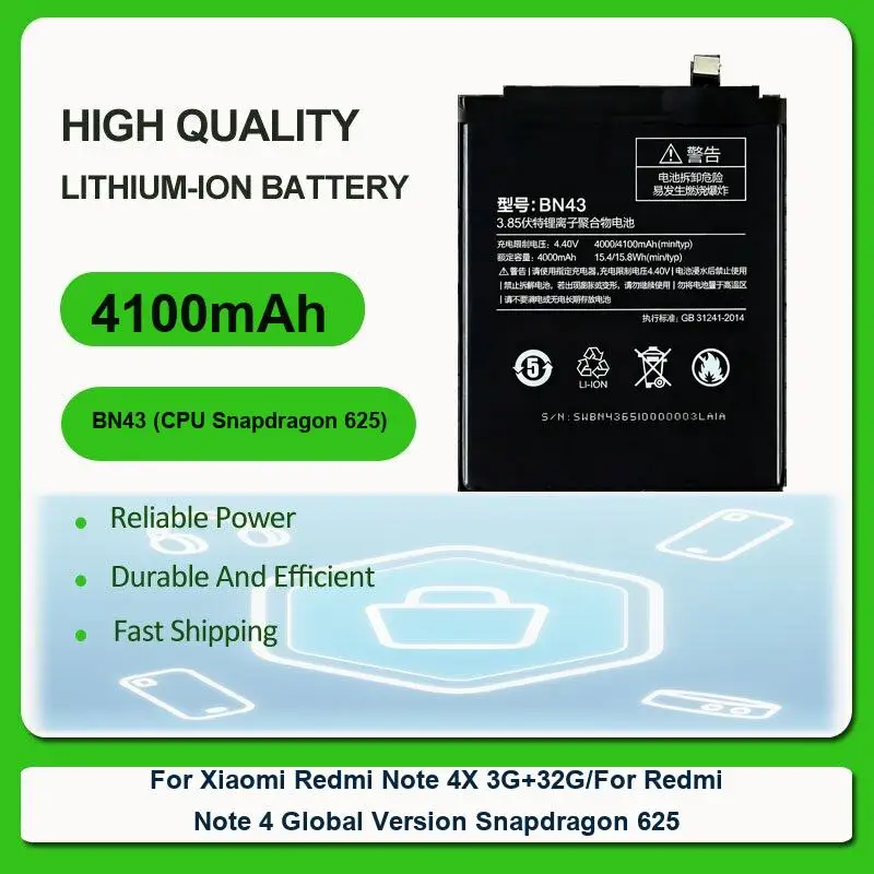 Battery For Xiaomi Redmi Note 4X 3G+32G / For Redmi Note 4 Global Version Snapdragon 625 BN43 (CPU Snapdragon 625) 4100mAh