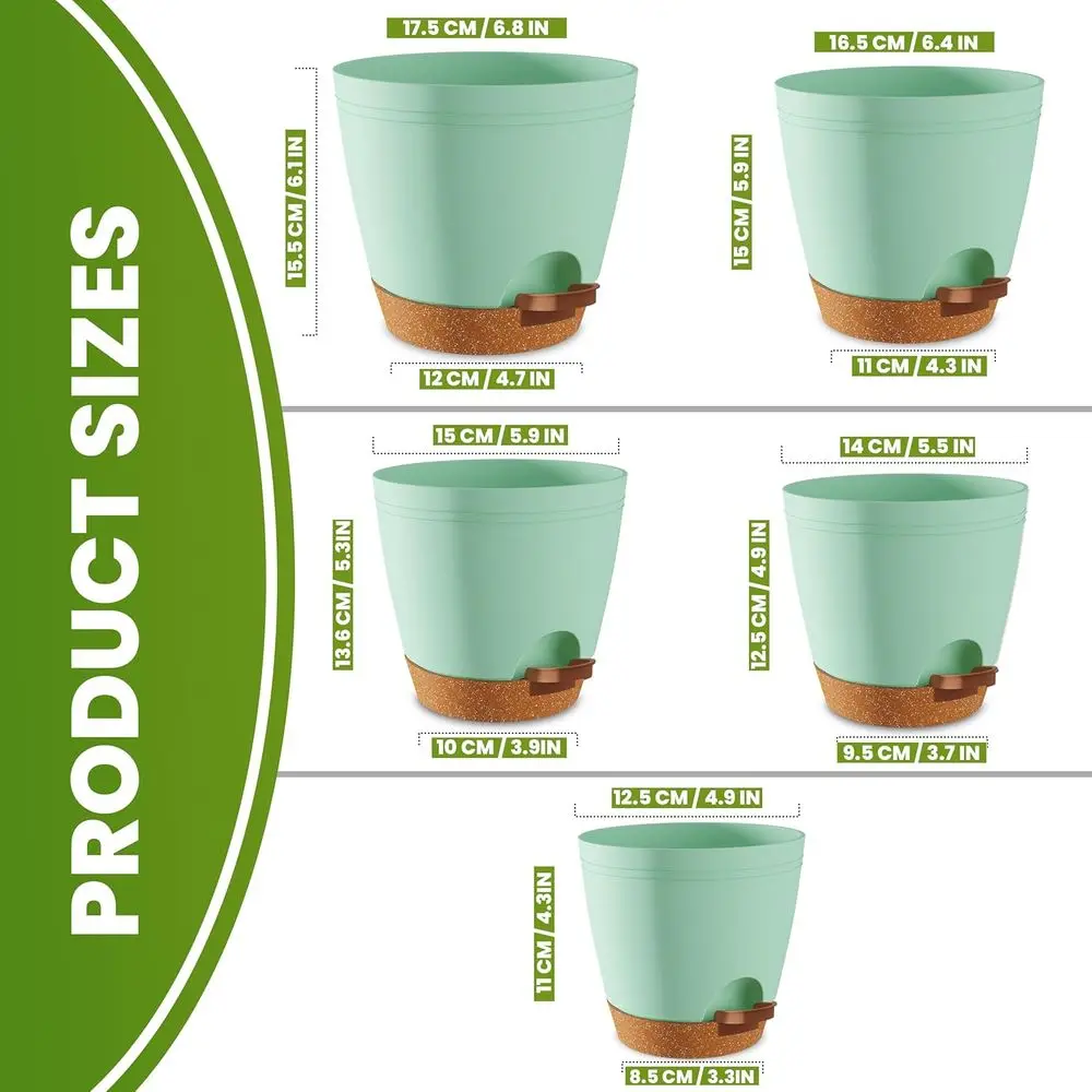 Multi-Size Self-Watering Pots Set of 5 for Indoor Plants, 6.8/6.4/5.9/5.5/4.9, Olive Green