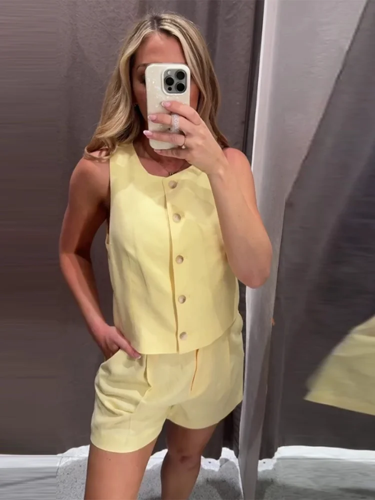 

Женский пляжный костюм, однотонный однобортный однобортный костюм без рукавов с круглым вырезом и эластичной резинкой на талии, короткие брюки, женские комплекты, летние женские наряды