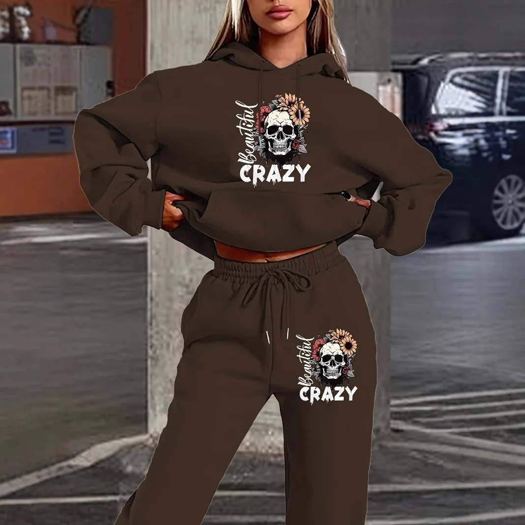 

Женский комплект с капюшоном с буквенным принтом, уличная одежда в стиле хип-хоп, повседневная женская одежда из 2 предметов, плюшевая толстовка, идеально подходящая для уличного спортивного костюма