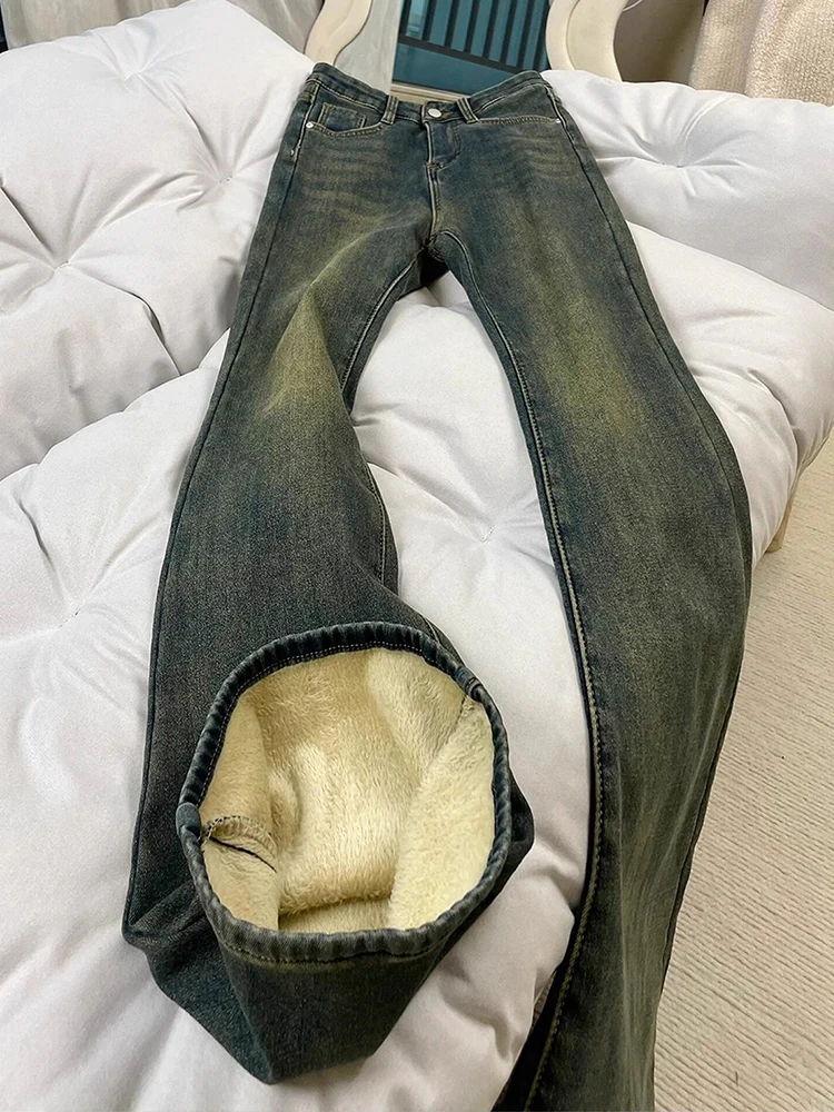 

Retro Blue Thiened Extended Version Fce Lined Men's Jeans American Sle Straight Leg Knife Winter High Waist Denim...