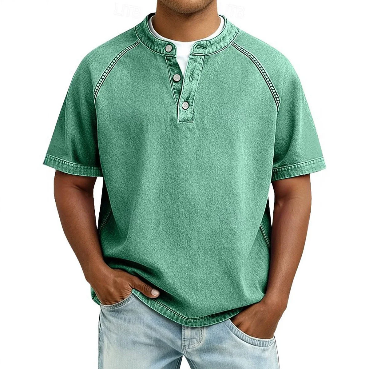2026 New Men T-shirt Vintage Washed Henley Collar Printed Short Sleeve Shirt Summer Loose Casual Tops Comfort Breathable Blouse