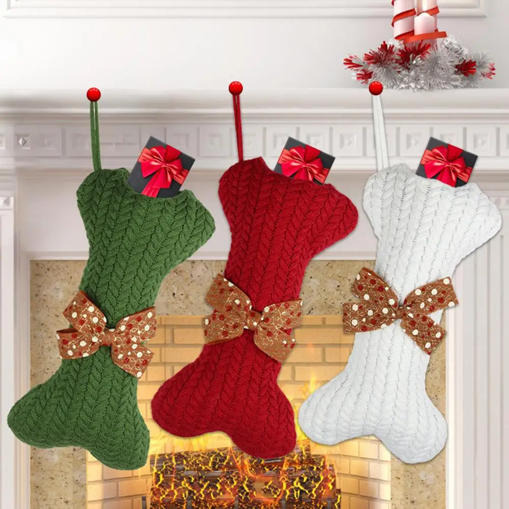 Christmas Stocking Knitted Bone Shape Stocking with Bow Xmas Fireplace Hanging Socks Tree Decor Treat Toy Storage Stocking for D