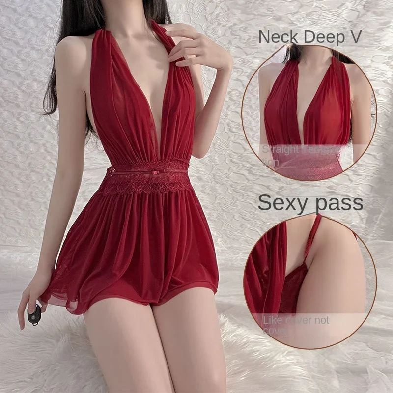 Sexy Backless Transparent Tulle Nightdress Halter Neck Mesh Underwear Nighty for Ladies Sleepwear Fairy Women Lingerie Nightwear