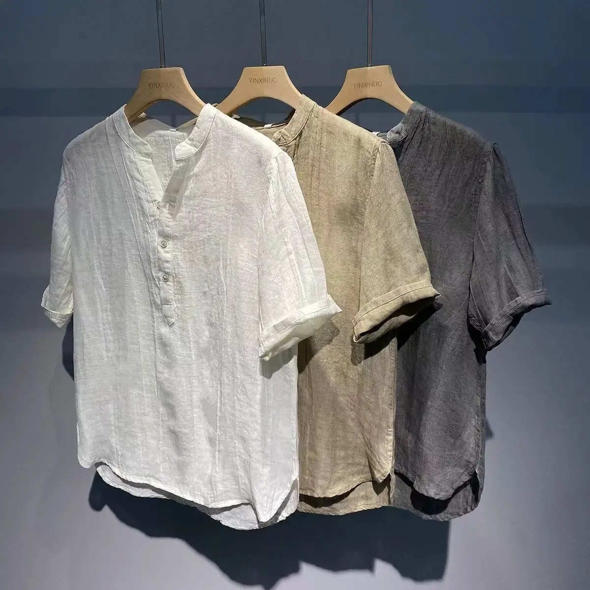 

New 2025 Men's Linen Stand Collar Short Sleeve T-Shirt Ultra-Thin Loose Fit Vintage Style Summer Casual Shirt Youth Fashion