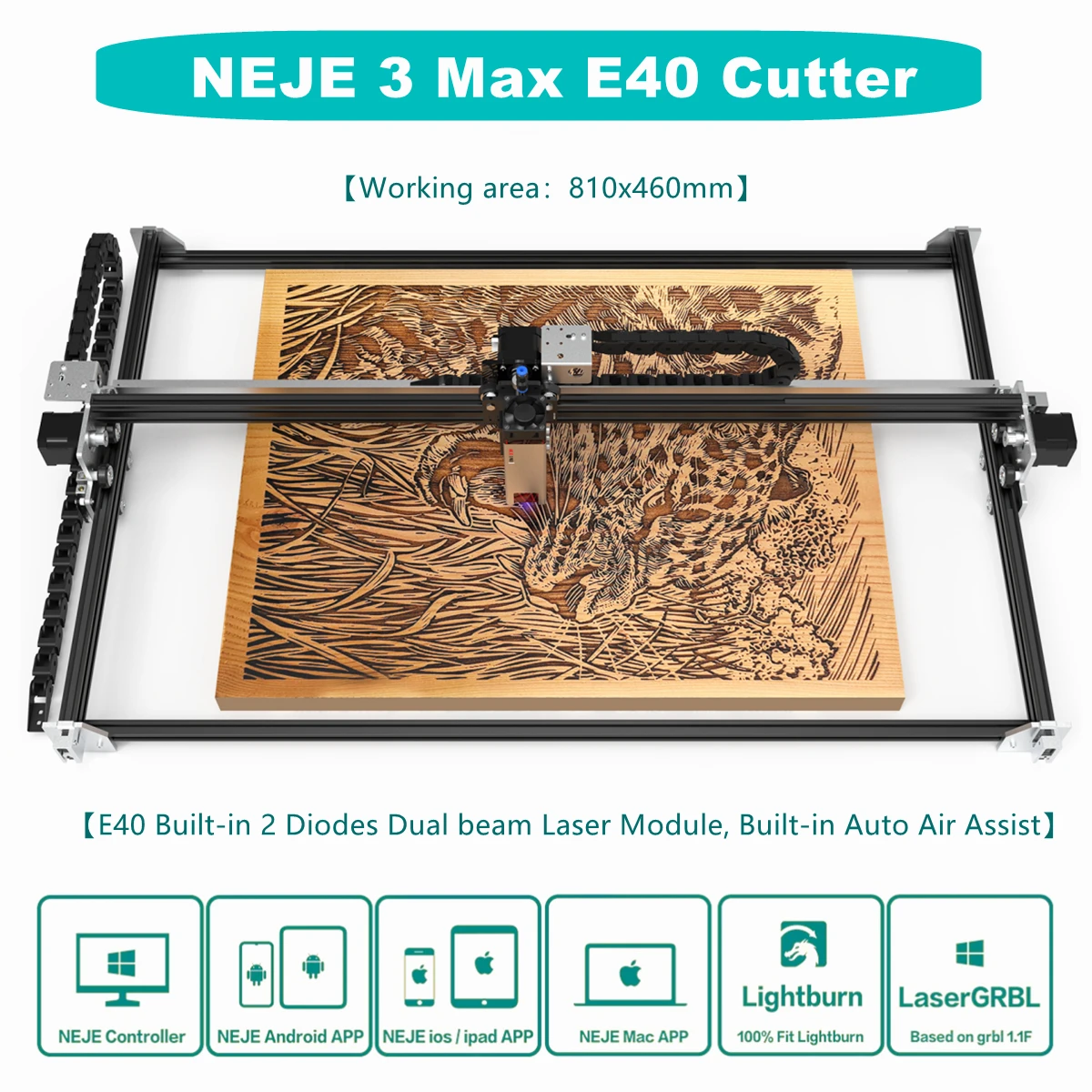 NEJE 3 Max 80W Desktop Router CNC Laser Cutter 810x460mm Working Area Laser Engraver with 32-Bit Chipset,Double Beam E40 Module