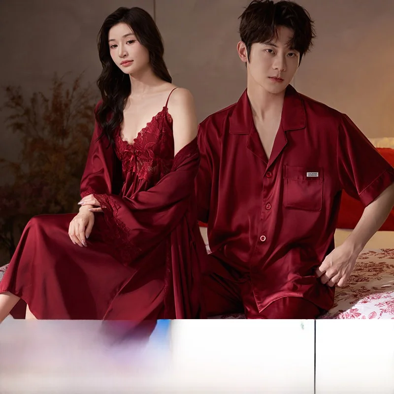 set-da-notte-in-seta-ghiaccio-rossa-per-coppie-ideale-per-matrimoni-e-per-la-casa-vestaglia-da-donna-con-imbottitura-sul-petto-maniche-lunghe-scollo-a-v-morbida-e-traspirante