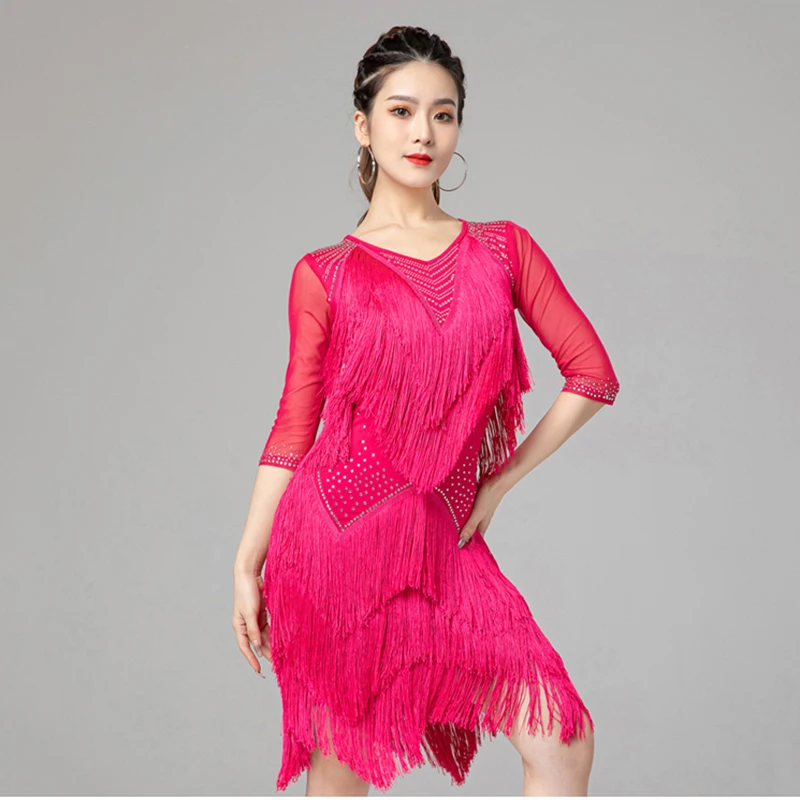 One-piece Dress Women Dance Clothes Competition Ballroom Dress Samba Costume Party Dresses Stretchy Fringes Latin Dress Mesh