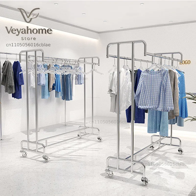 Men's and Women's Clothing Store Stainless Steel Floor Display Rack Double Rod Hanging Hanger Drying Rack Double