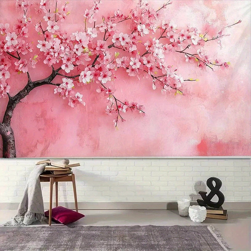 Vibrant Pink Cherry Blossom Tree Tapestry, Floral Art Wall Hanging Decor, Romantic Japanese-Inspired Home Aesthetic Gift