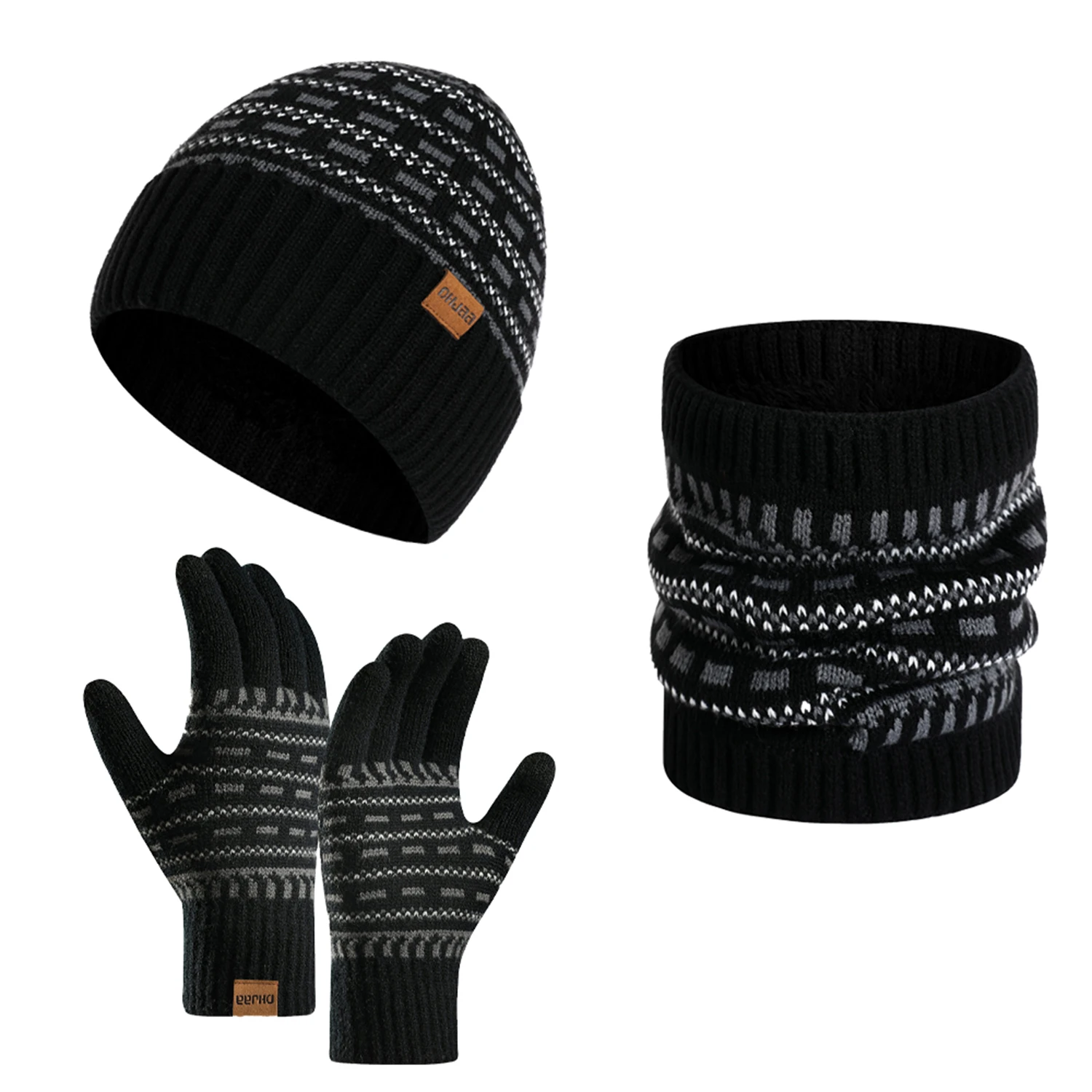 Set invernale da uomo Keep Warm Set berretto Unisex guanti con dita in pile fodera in pile sciarpa maschio filato di lana lavorato a maglia marmitta cappello con ghetta al collo