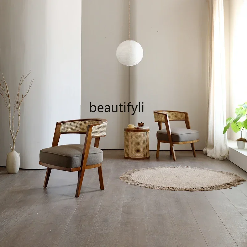 

new Jiji Style Rattan Chair Tea Table Three-Piece Combination B & B Balcony Leisure Couch Solid Wood Rattan Armchair Home