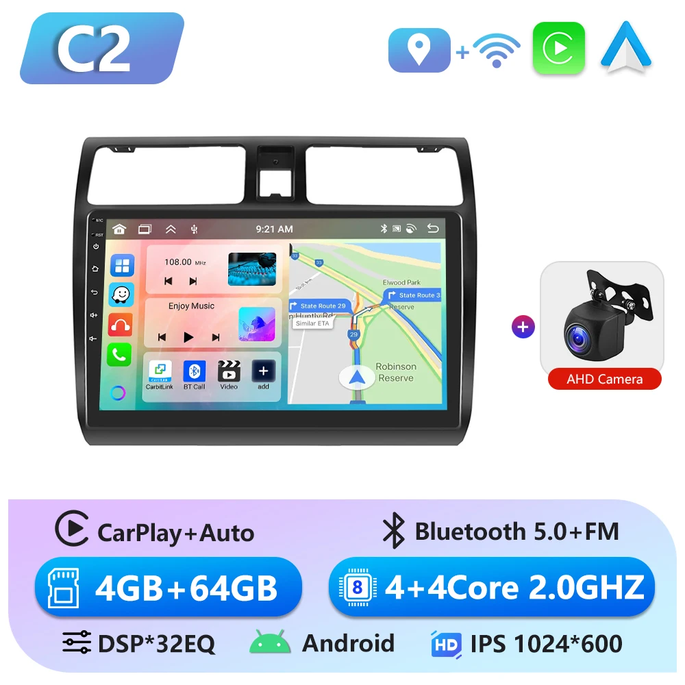 Podofo 6 + 128G CarPlay Android Auto 2 Din Autoradio voor Suzuki Swift 2005-2010 Multimedia Video speler GPS Stereo WIFI Head Unit - afbeelding 1
