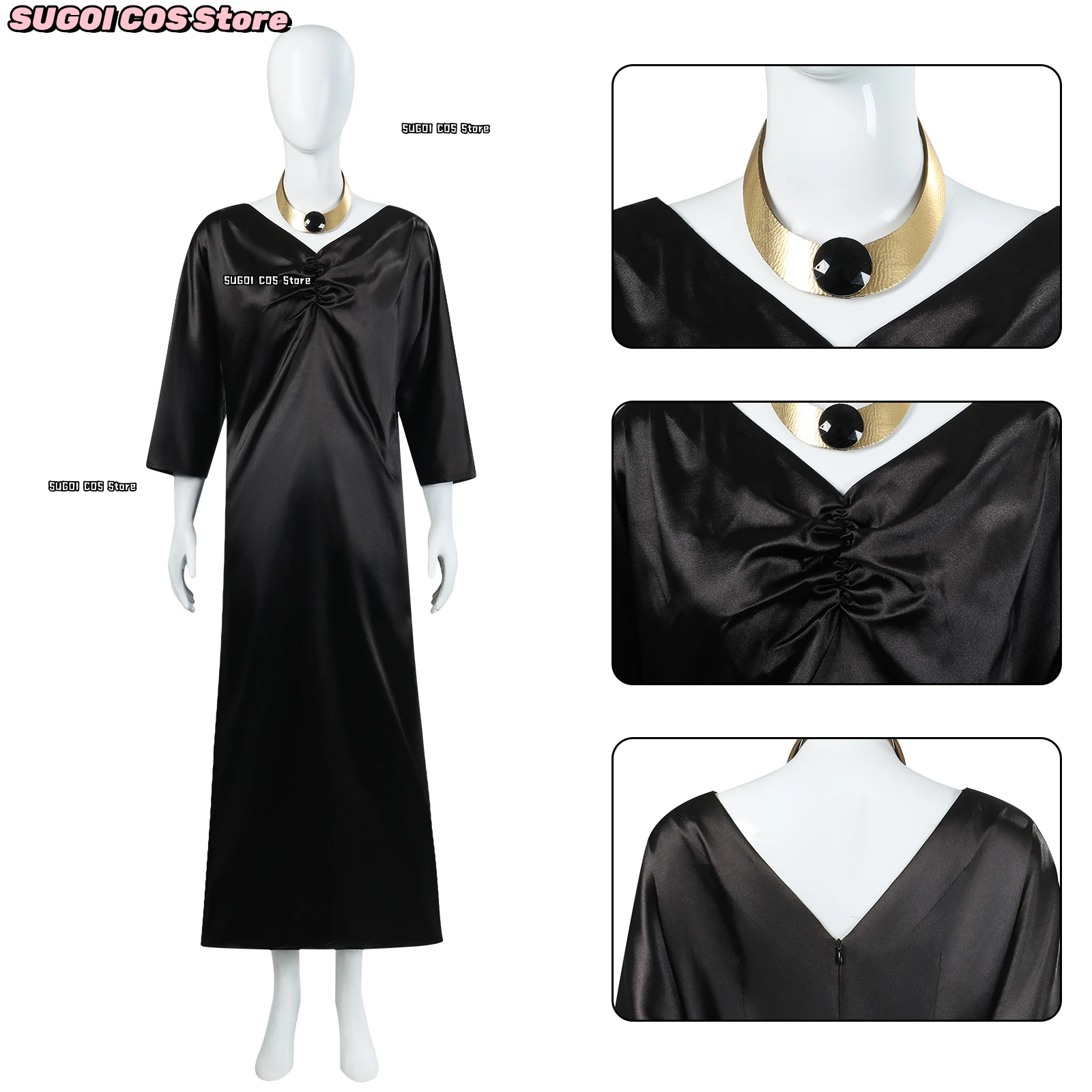 أنيمي Camearra تأثيري حلي أسود الخامس الرقبة سليم فستان طويل قلادة غطاء الرأس عصا للمشي ملحق لعب الأدوار بدلة الحفلات