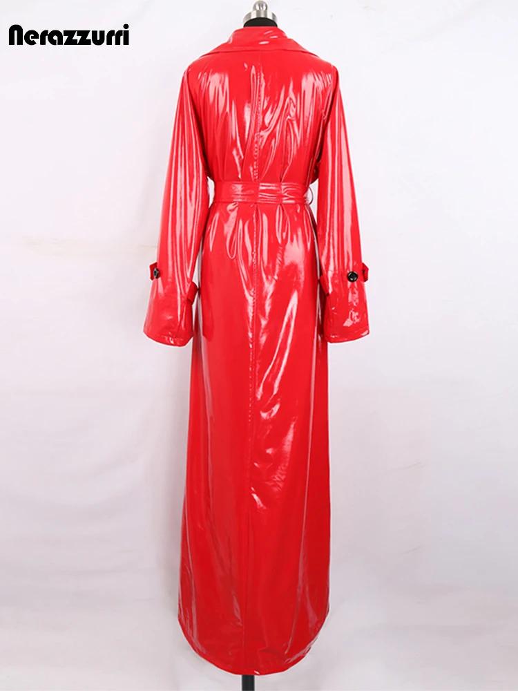 Nerazzurri Autumn Extra Long Soft Red Reflective Shiny Patent Leather Trench Coat for Women Double Breasted Maxi Korean Fashion