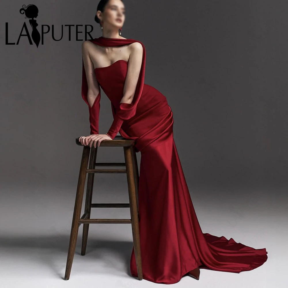 

Soft Satin Red Long Evening Dresses Mermaid Long Elegant Prom Dress Off Shoulder Detachable Ribbon Sleeves Woman Formal Dress