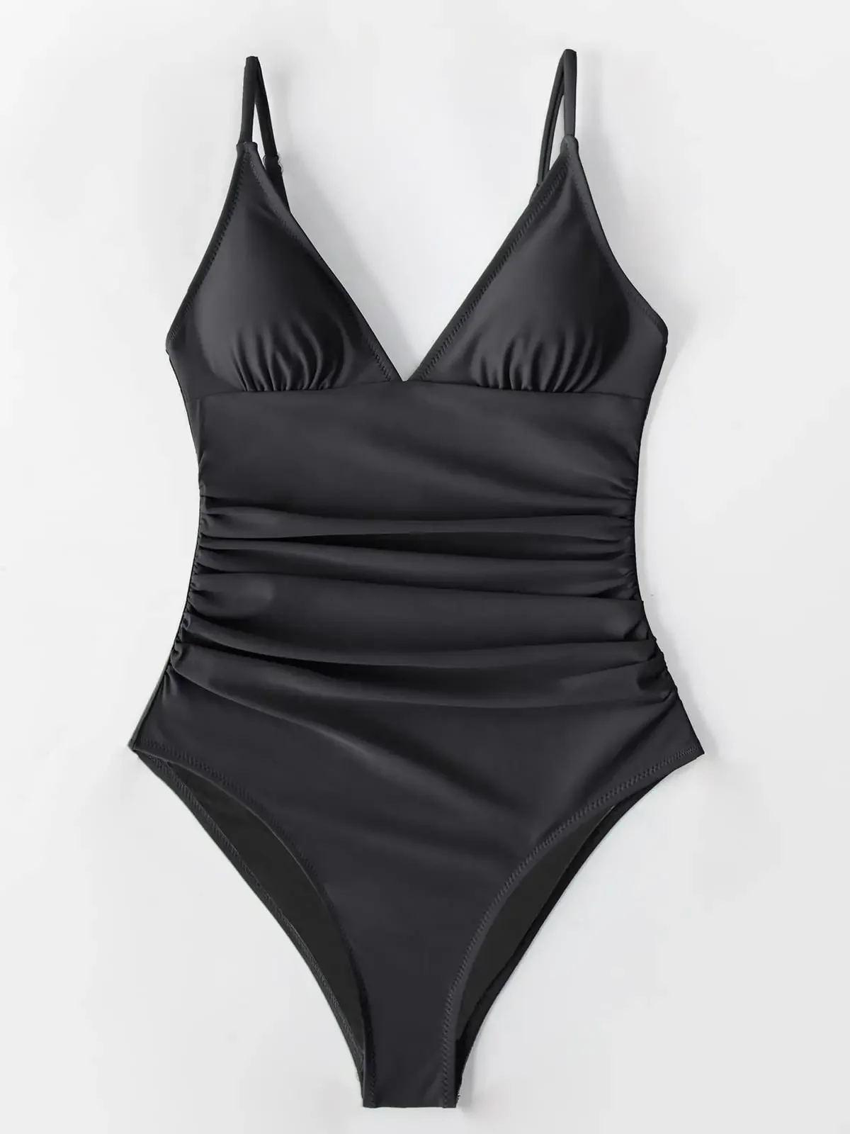 ผู้หญิง One Piece ชุดว่ายน้ํา Tummy Control V คอ Ruched Push Up เบาะชุดว่ายน้ําชายหาดฤดูร้อน Swiwear