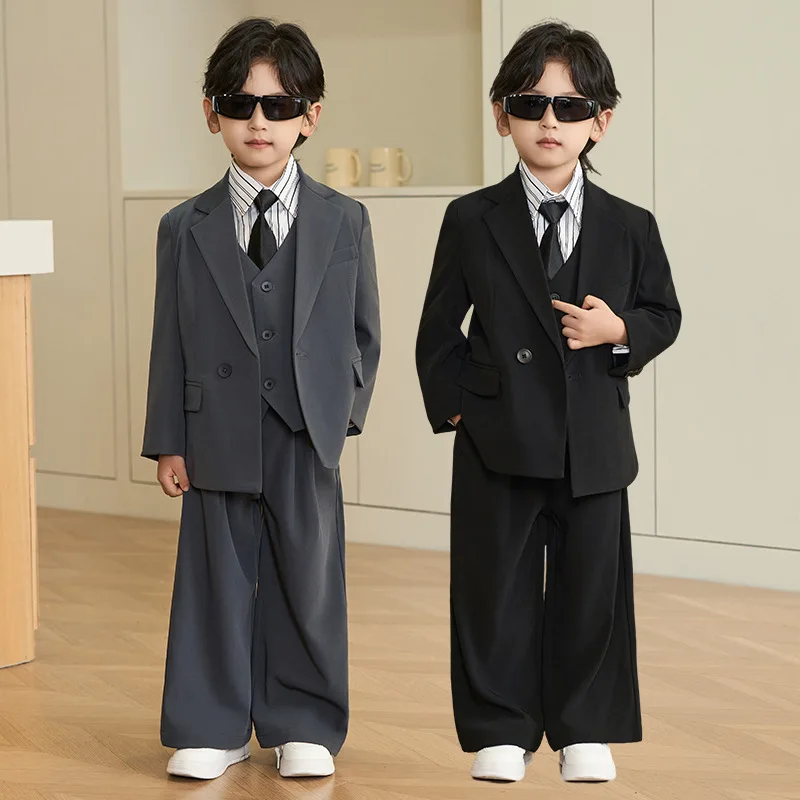 Children's Formal Suit Set Boy Handsome Host Stage Catwalk Photography Perfprmance Costume Kids Blazer Pants Tie Outfit