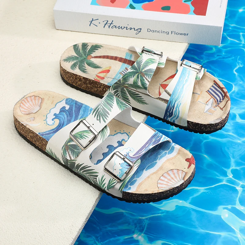 Men's  slippers Mens Tropical Beach Print Cork Footbed Slides Double Metal Buckle Strap Non‑Slip Flat Sandals Summer Outdoo