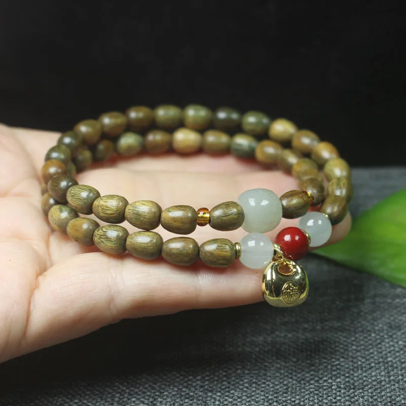 Green Sandalwood Water Drop Double Circle Buddhist Bead Bracelet, Sandalwood Bracelet with Golden Fortune Bag, Simple Cultural O