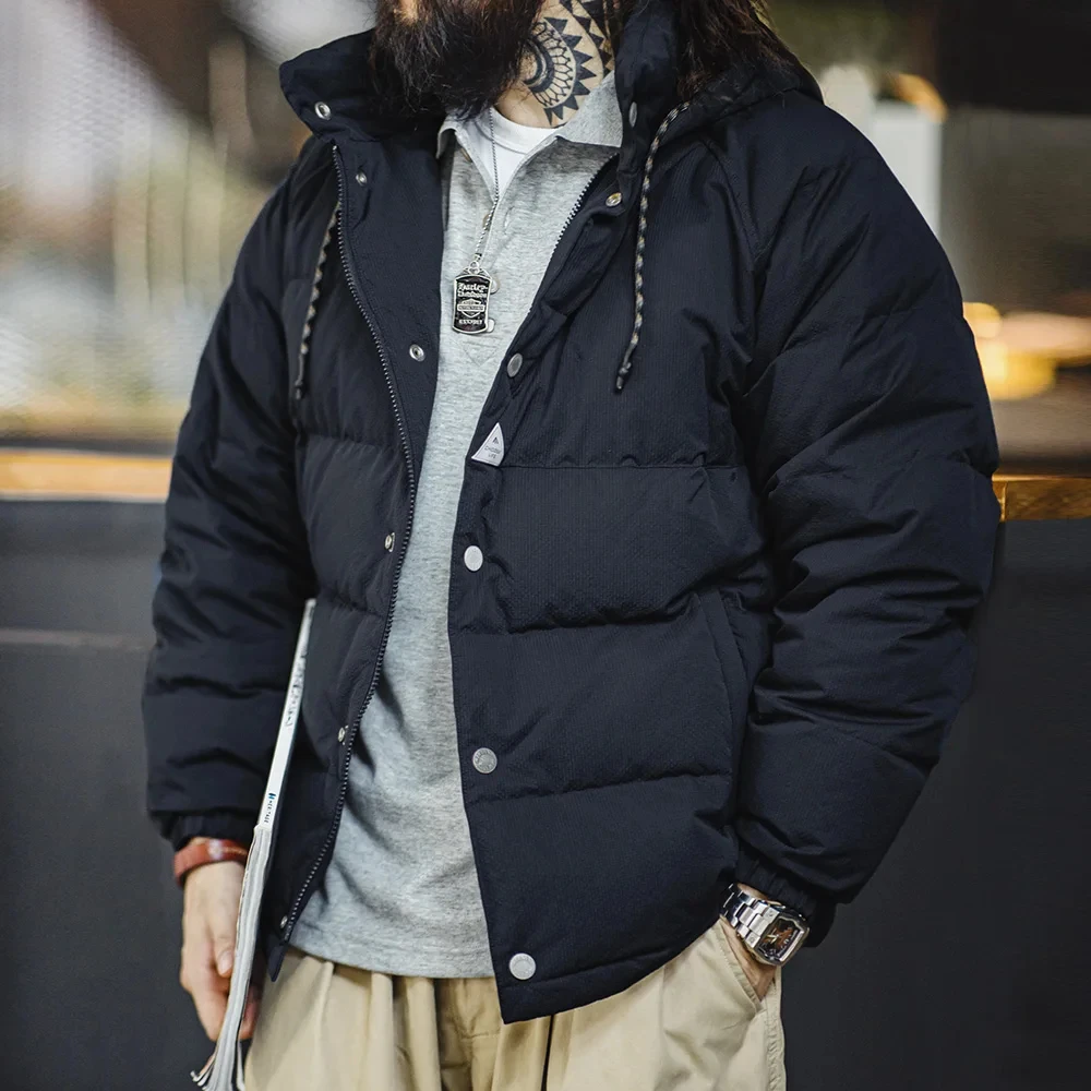 Maden Men's Winter Thickened Down Jacket 90 White Duck Down Navy Blue Hooded Short TOP Male Warm Coat Vintage clothing