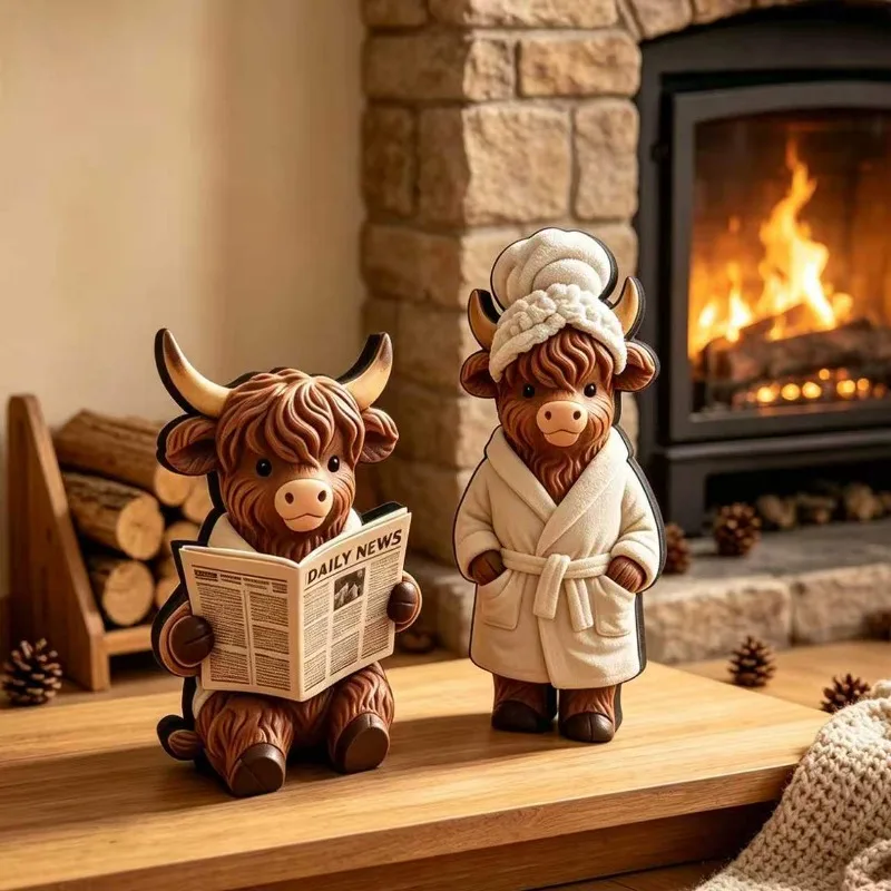 2 Piece Set Highland Cow Desktop Decorations Cute Cow Reading Newspaper Wearing Bathrobe For Home Bedroom Bookshelf Ornaments