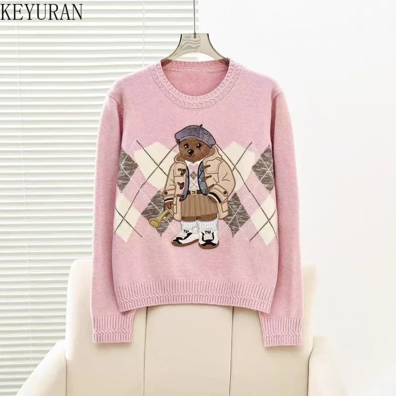 

Новинка 2023 года, осенний вязаный свитер с вышивкой Argyle, женские винтажные пуловеры с круглым вырезом и длинными рукавами, трикотажные топы, женские джемперы