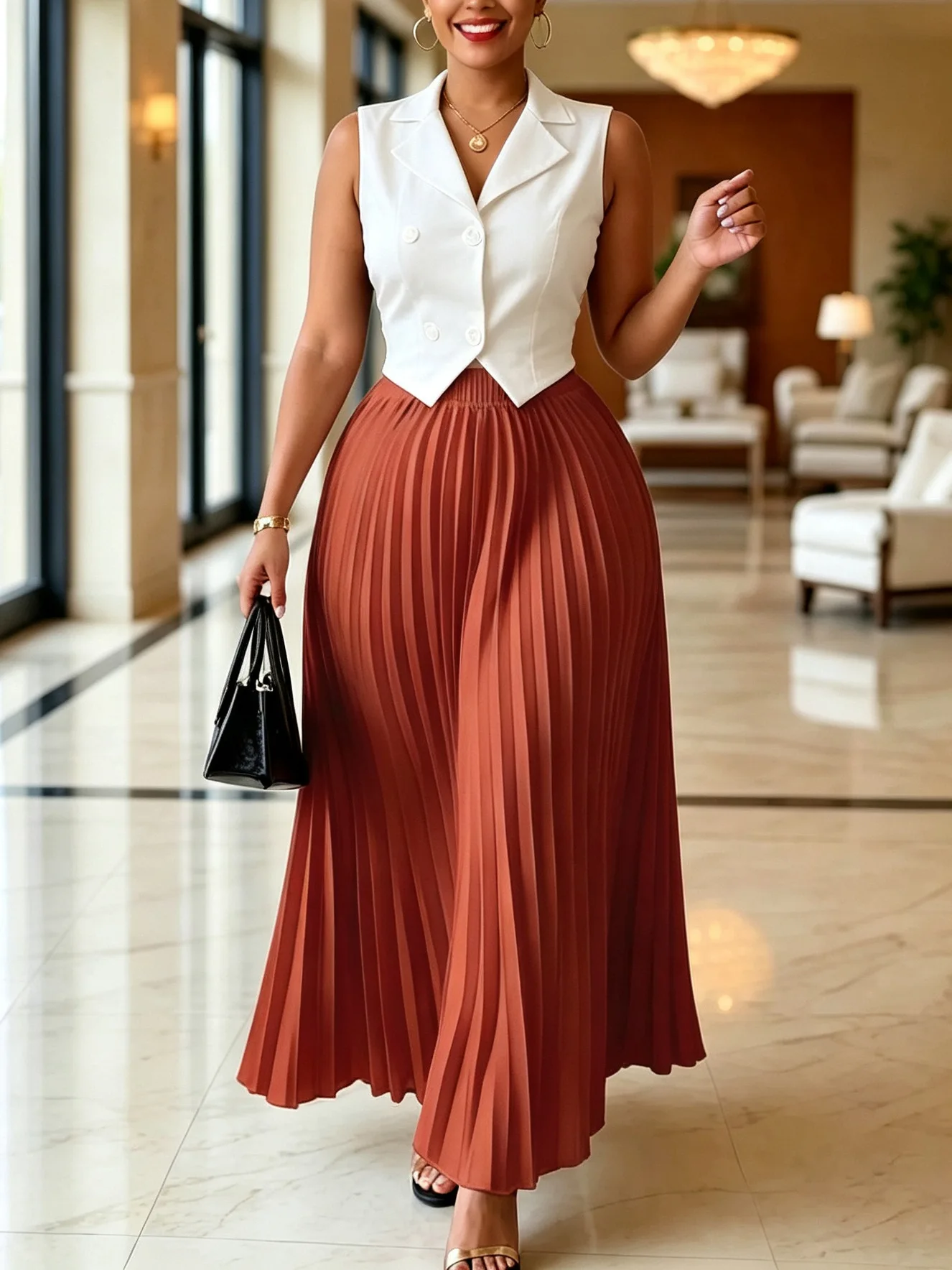 Women's Sleeveless Lapel Vest Set with Elastic Waist Pleated Half-Body Long Skirt Two-Piece Set