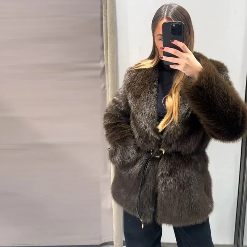 

Warm Brown Fur Coat Look-Alike Jaet Long Collar Autumn Winter Eco-Friendly Women's Urban Sle Long Sve No Hat Included