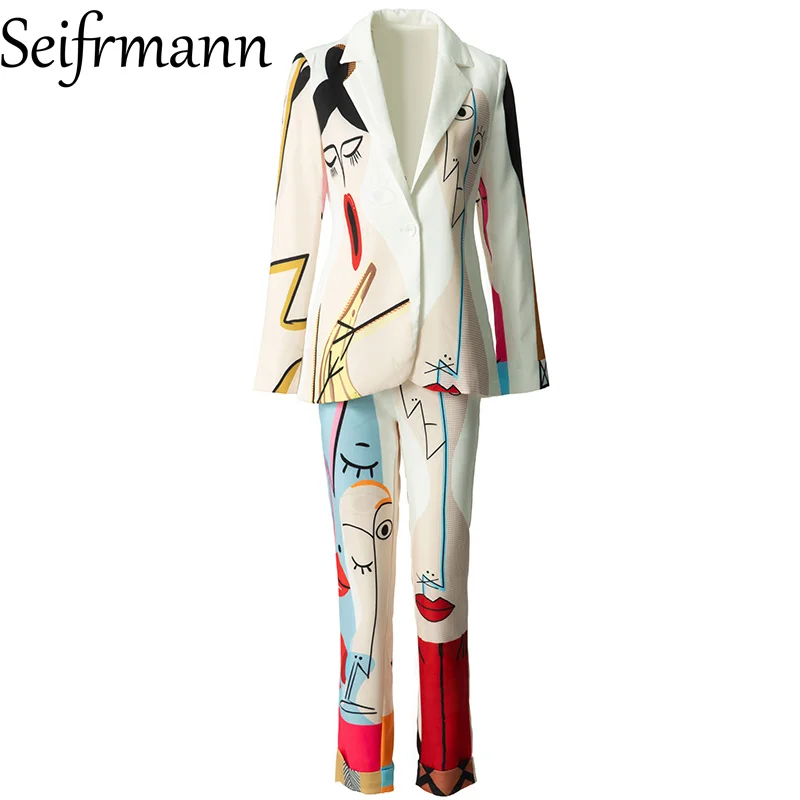 

Seifrmann 2026 Весенний женский костюм: Новая модная коллекция, топ с принтом в стиле манга и отложным воротником, длинный рукав + брюки, комплект из двух предметов