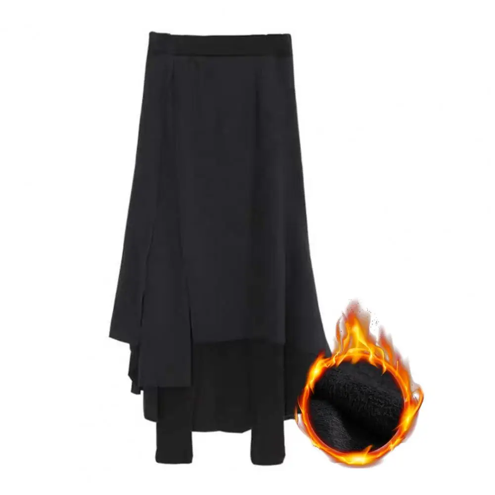 Fake Two Piece Skirt Pants High-Waist Elastic Irregular Split Hem Thickened Leggings Skirt Women Fleece Lining Maxi Skort