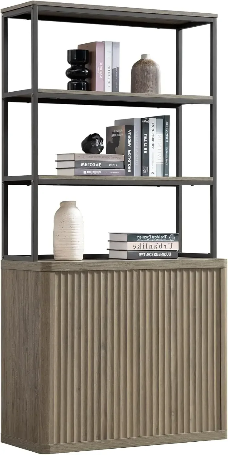 SICOTAS Tall Fluted Bookshelf with Doors, 5-Tier Mid Century Modern Bookcase, Wood & Metal, for Living Room, Office (1PCS).