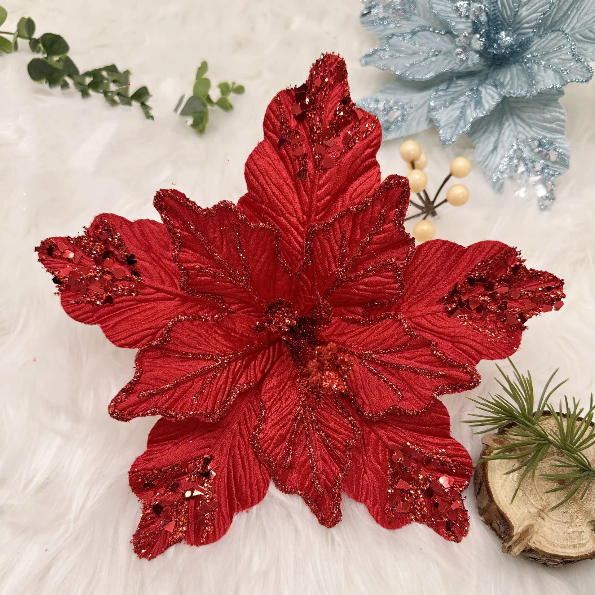 Christmas Flower Ornament Glitter Hanging Christmas Ornament Christmas Tree Ornament Lightweight For Holiday Floral Arrangement