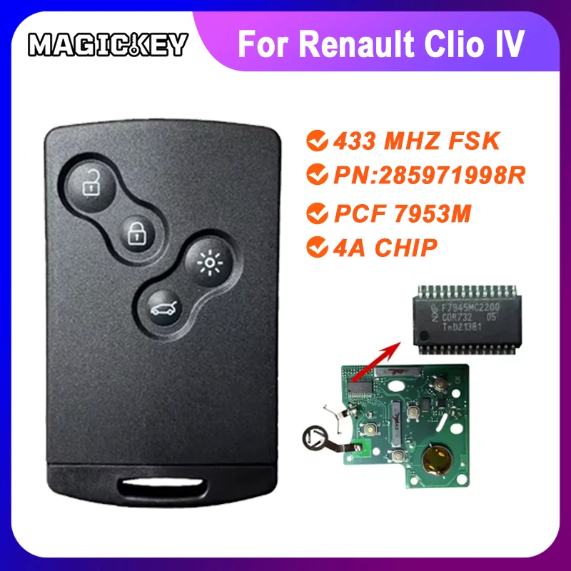 

1PCS 285971998R 433 MHZ 4A Chip Keyless Smart Key For 2009 2010 2011 2012 2013 2014 2015 2017 Renault Clio IV Captur