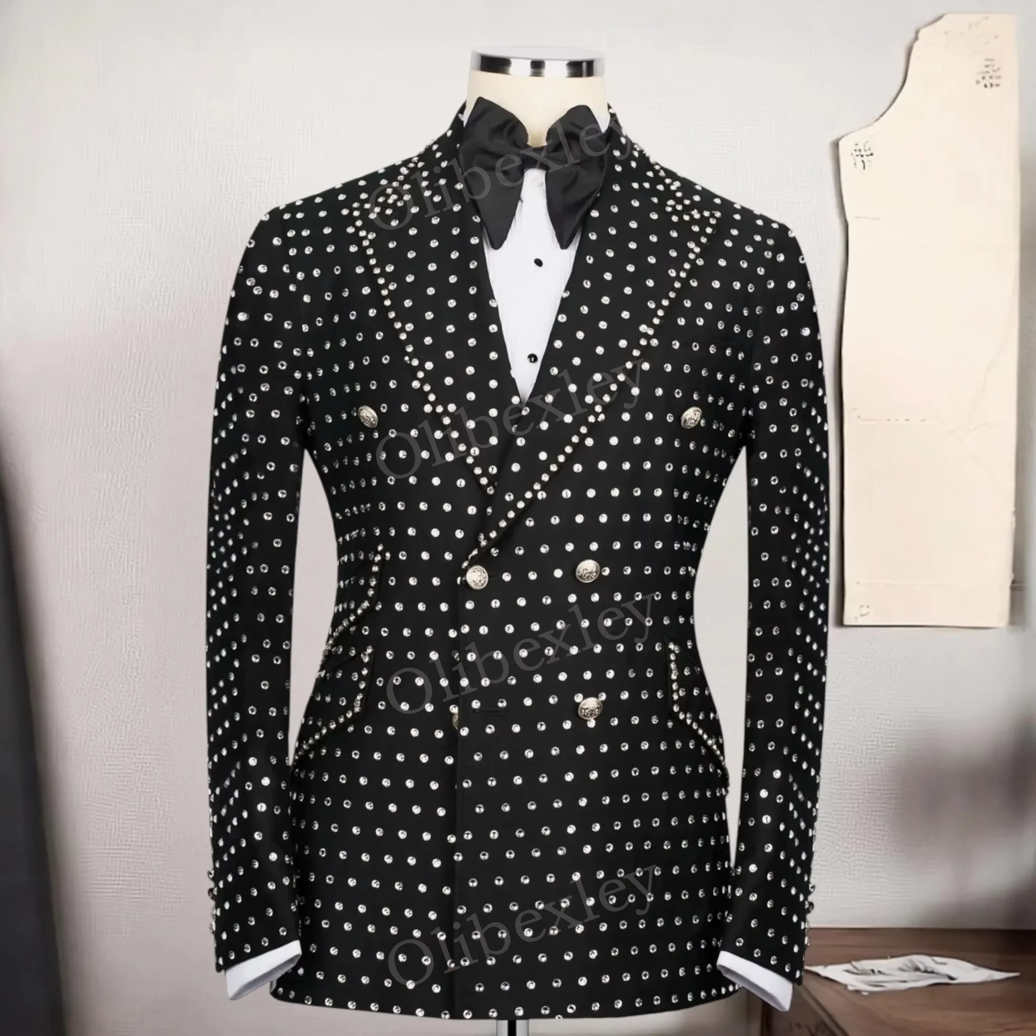 

Olibexley Men's Black 2 Piece Tuxedo Dress Suit Regular Fit Beaded Crystals Double Breasted Wedding Groom Business Prom Suits