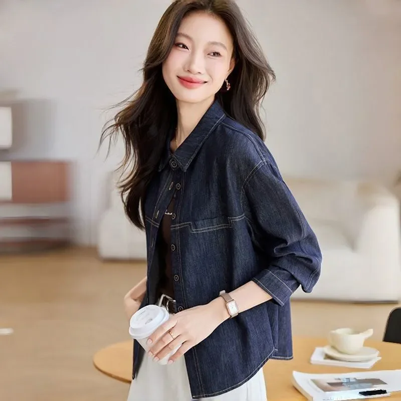

Джинсовая рубашка с длинными рукавами, женская новая свободная верхняя тонкая куртка в стиле ретро, топ