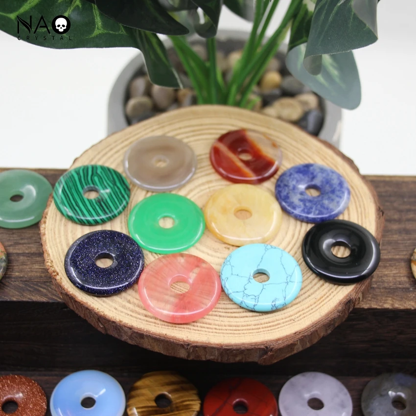 30mm Natural Gemstone Donut Pocket Stone Quartz Home Decor Reiki Healing Crystal Pi Pendants Charms For Necklaces Jewelry Making