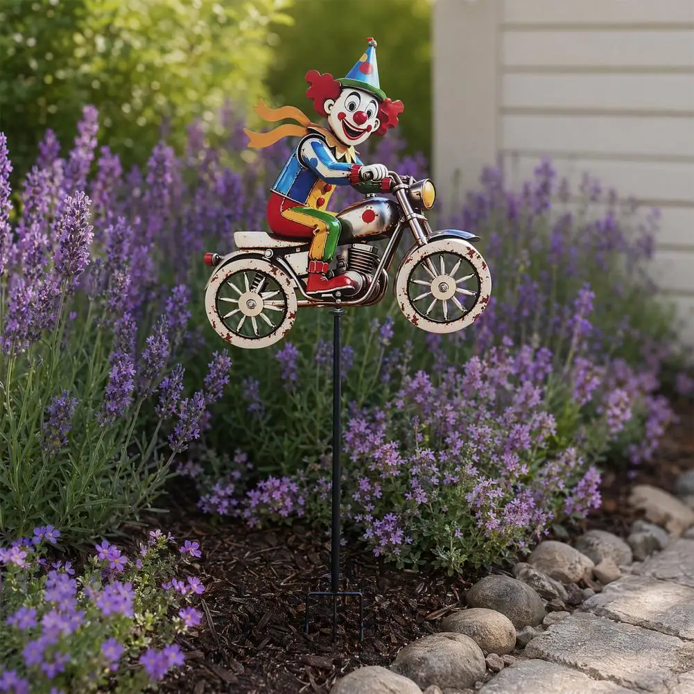 Sun-proof Garden Stake Ornament Spinning Clown Motorcycle Wind Spinner Metal Yard Art with Rotating Wheels Weatherproof Outdoor