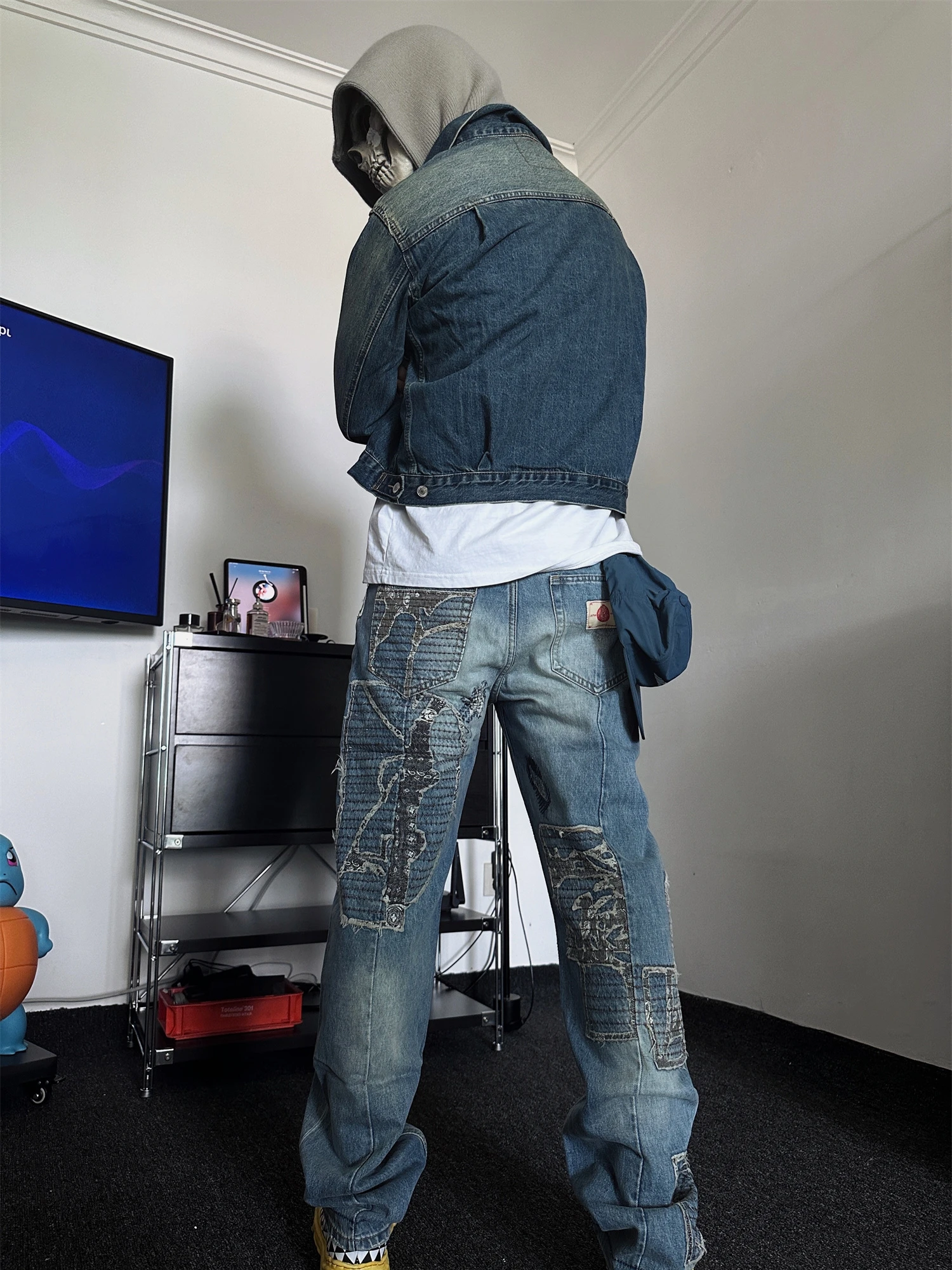 جينز دينيم مغسول بتصميم ريترو مرقع مع تطريز كثيف، بنطلون طويل مستقيم الساق، موضة شبابية، جينز قطني مستقيم