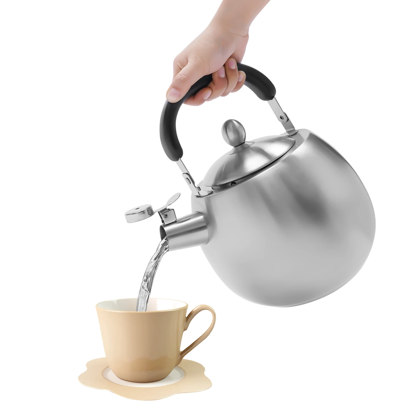 Heavy Duty Whistling Teakettle - 4L Stainless Steel 304 Stovetop Tea Kettle with Seamless Bottom and Brushed Finish