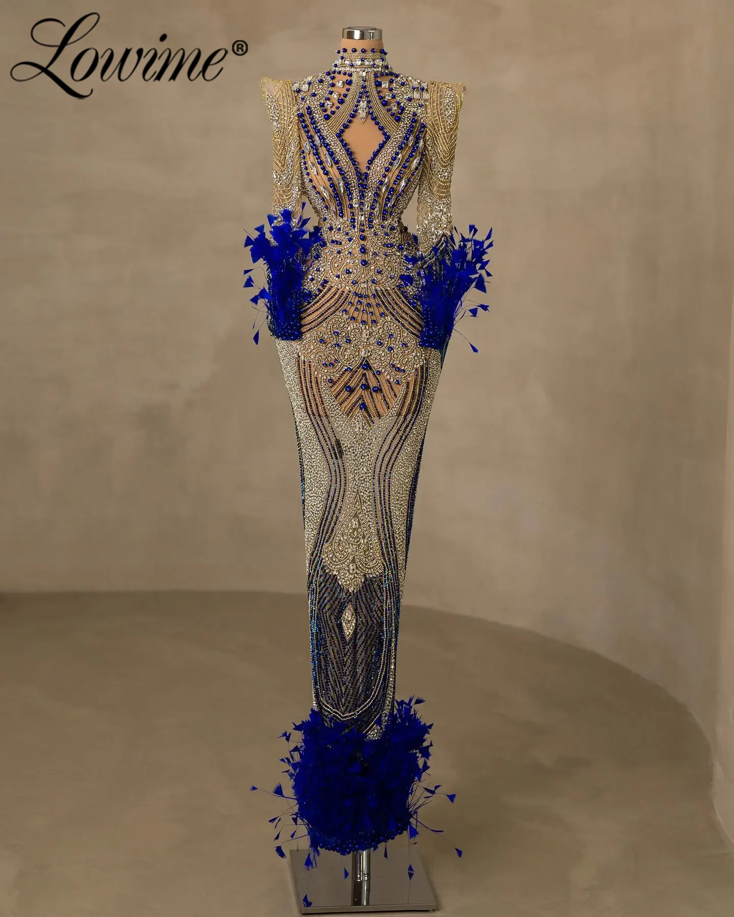 

High Fashion Royal Blue Feathers Party Dress Customized Long Sleeve Evening Gowns Heavy Crystals Pearl Beading Prom Dresses Robe