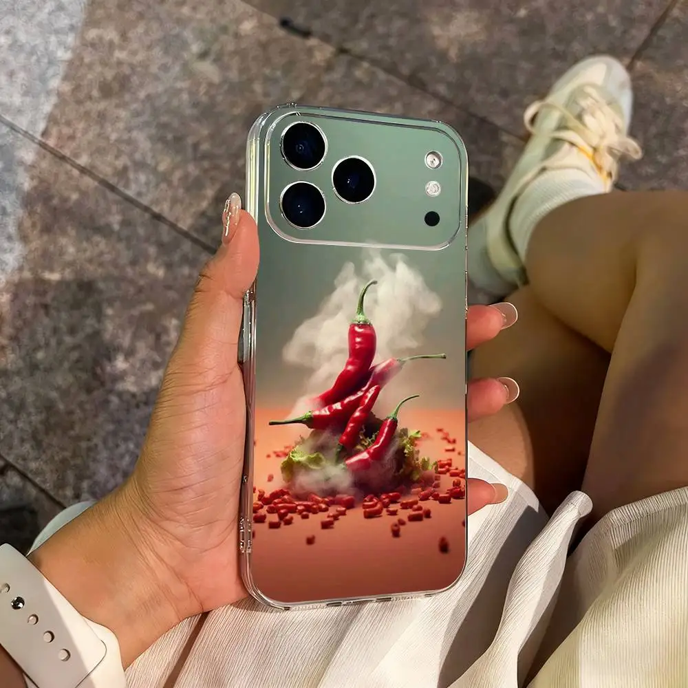 Custodia per telefono Flaming Chili Art per iPhone 14,13,12,11,17,16,15,Pro,Max,Plus,X,XS,XR,SE,Mini Cover morbida trasparente