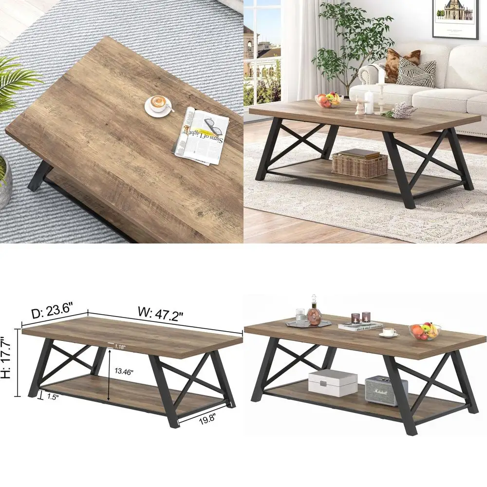 

Rustic Oak Cocktail Table with Storage Shelves, 47 Industrial Wood and Metal Design