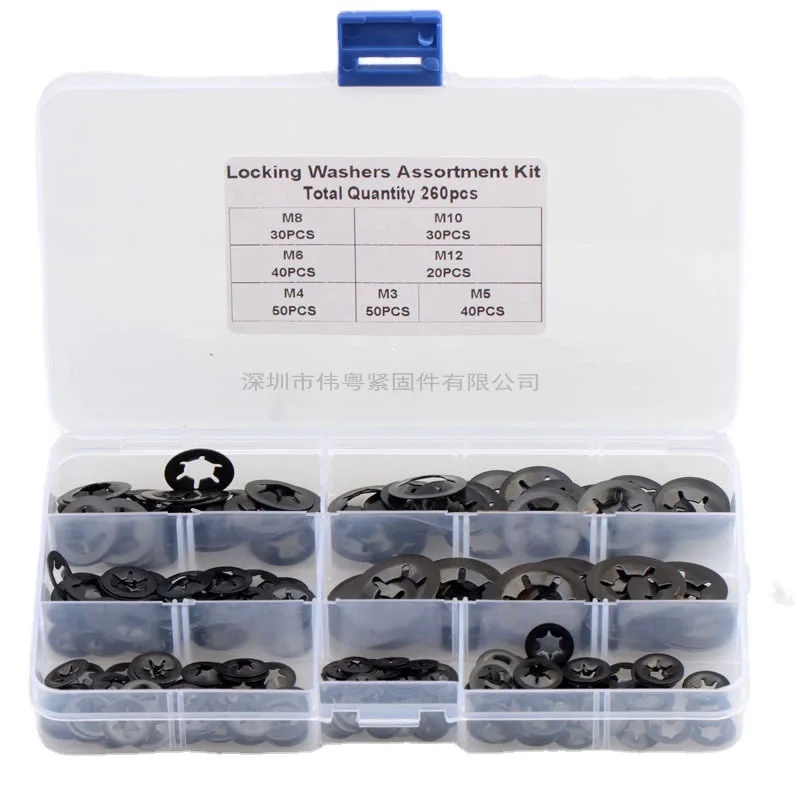 260pcs M3 M4 M5 M6 M8 M10 M12 Bearing Clamp Washer Retaining Ring Starlock Push On Fixes Clip External Circlip