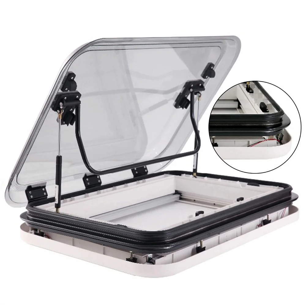 Aluminum Alloy RV Camper Trailer Double Acrylic Skylight Anti-UV 70 Opening Angle Pneumatic Support Rod Remote Control LED RV