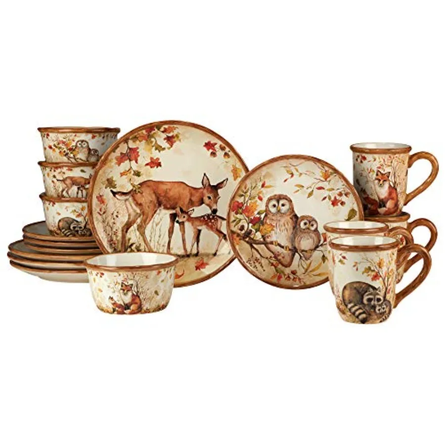 Pine Forest 16 pc Dinnerware Set Service for 4 BROWN Ceramic Rustic Dining Eco-Friendly Tableware Microwave Safe